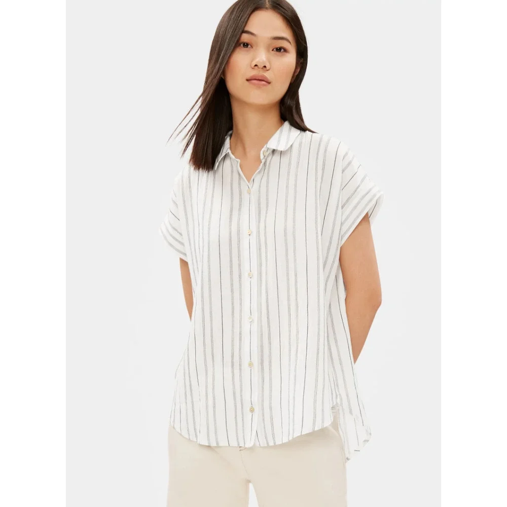 Eileen Fisher Organic Cotton Tencel Striped Boxy Shirt L PL Petite Lagenlook - Picture 1 of 6
